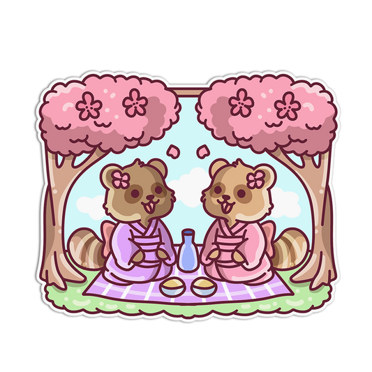 Two cartoon raccoons in pink robes sitting under cherry blossom trees on a white background.