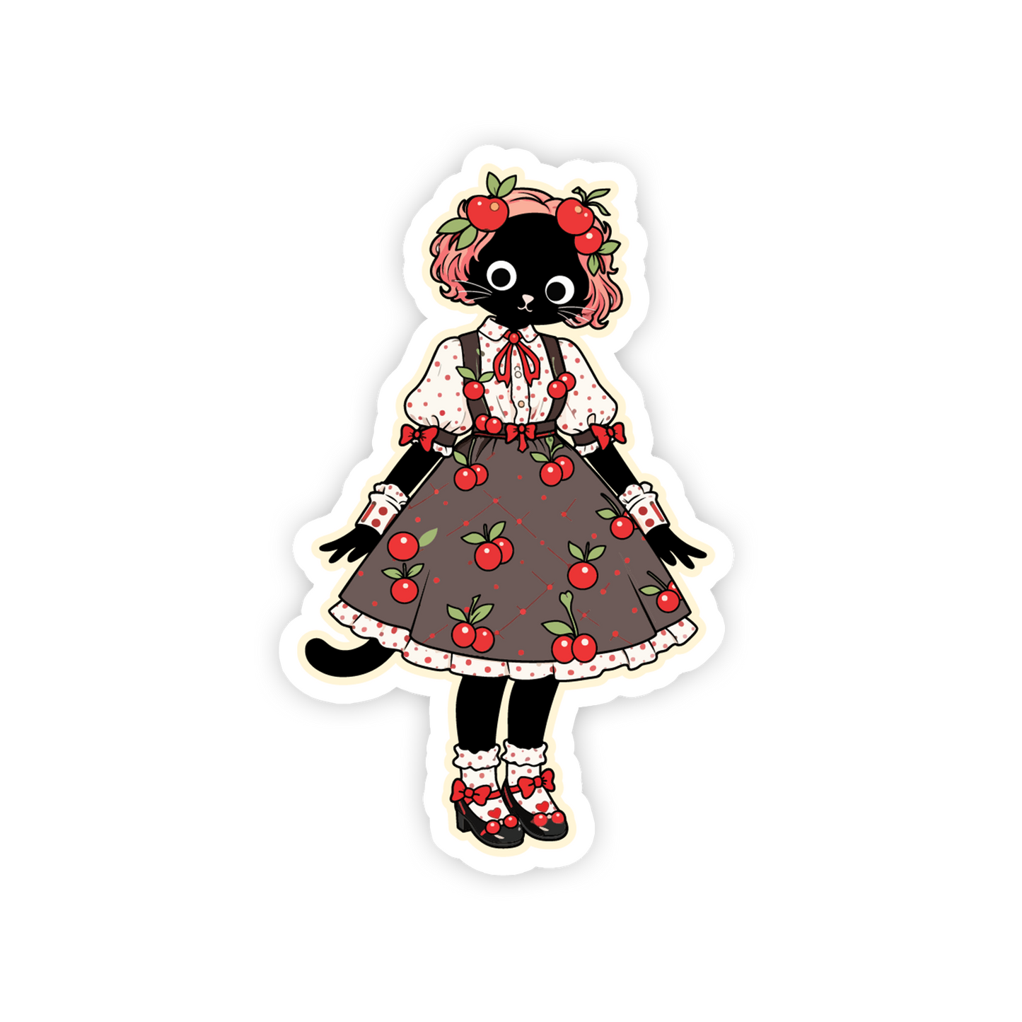 Sticker of a character with a dress and red apple pattern on a white background