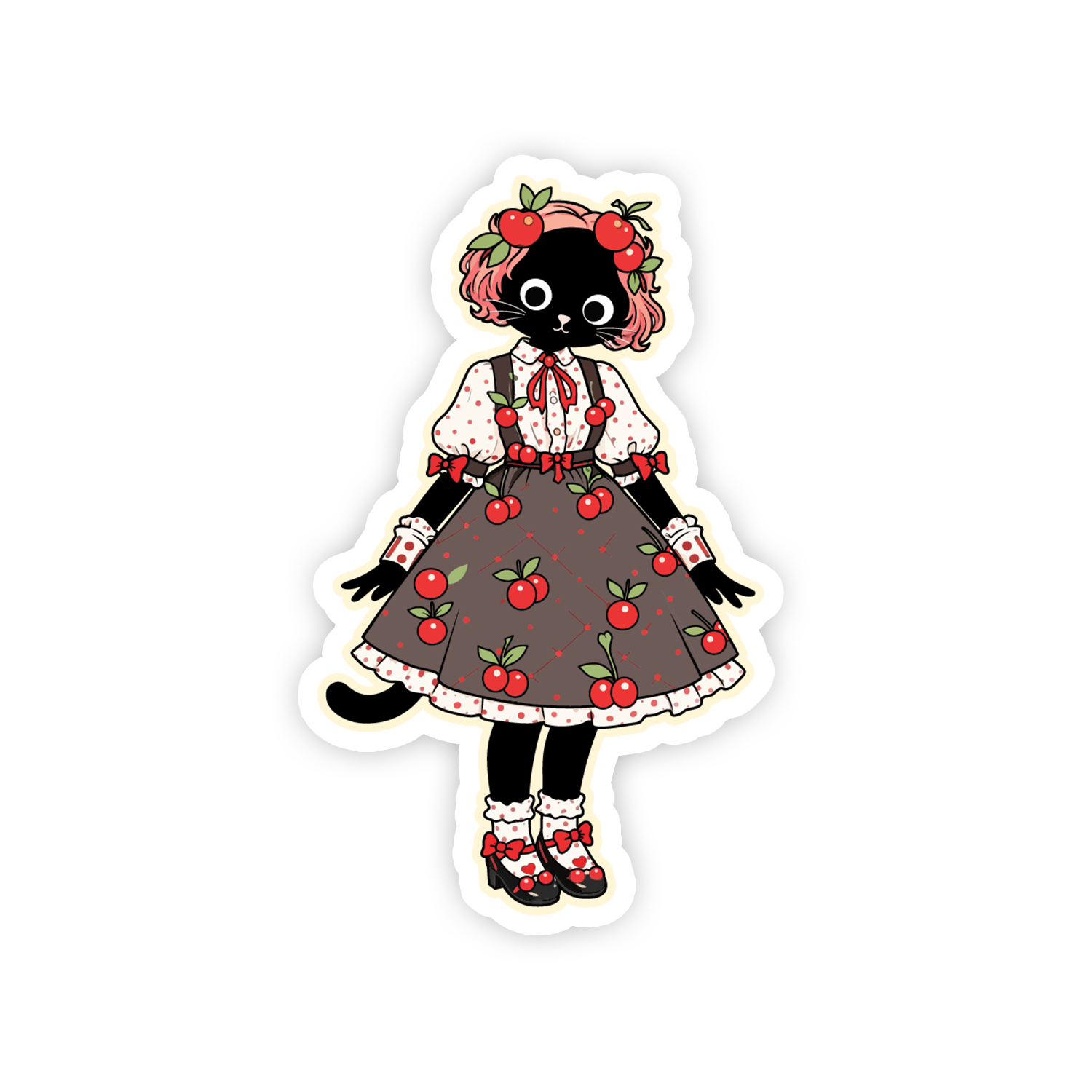 Sticker of a character with a dress and red apple pattern on a white background
