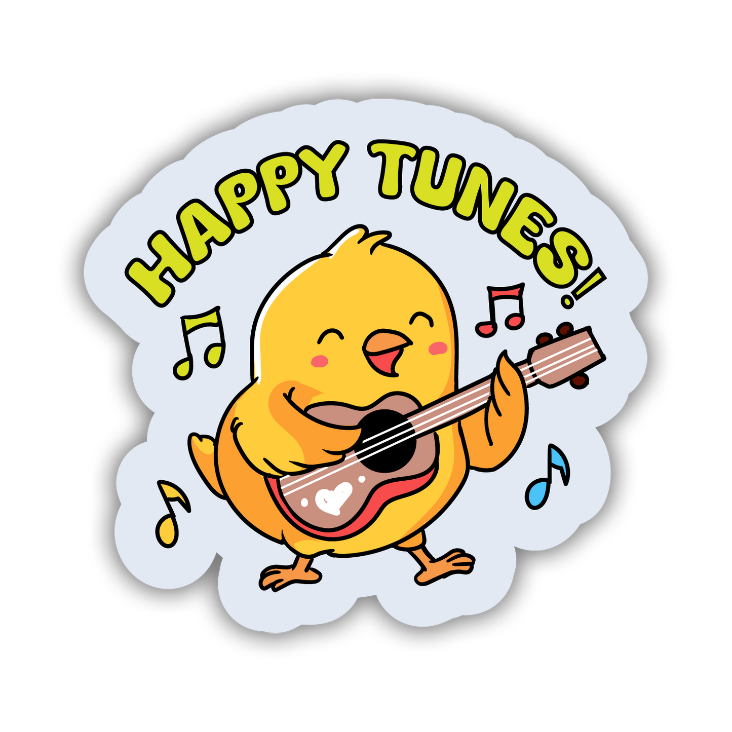 Sticker with a cartoon chick playing a guitar and 'Happy Tunes!' text on a white background