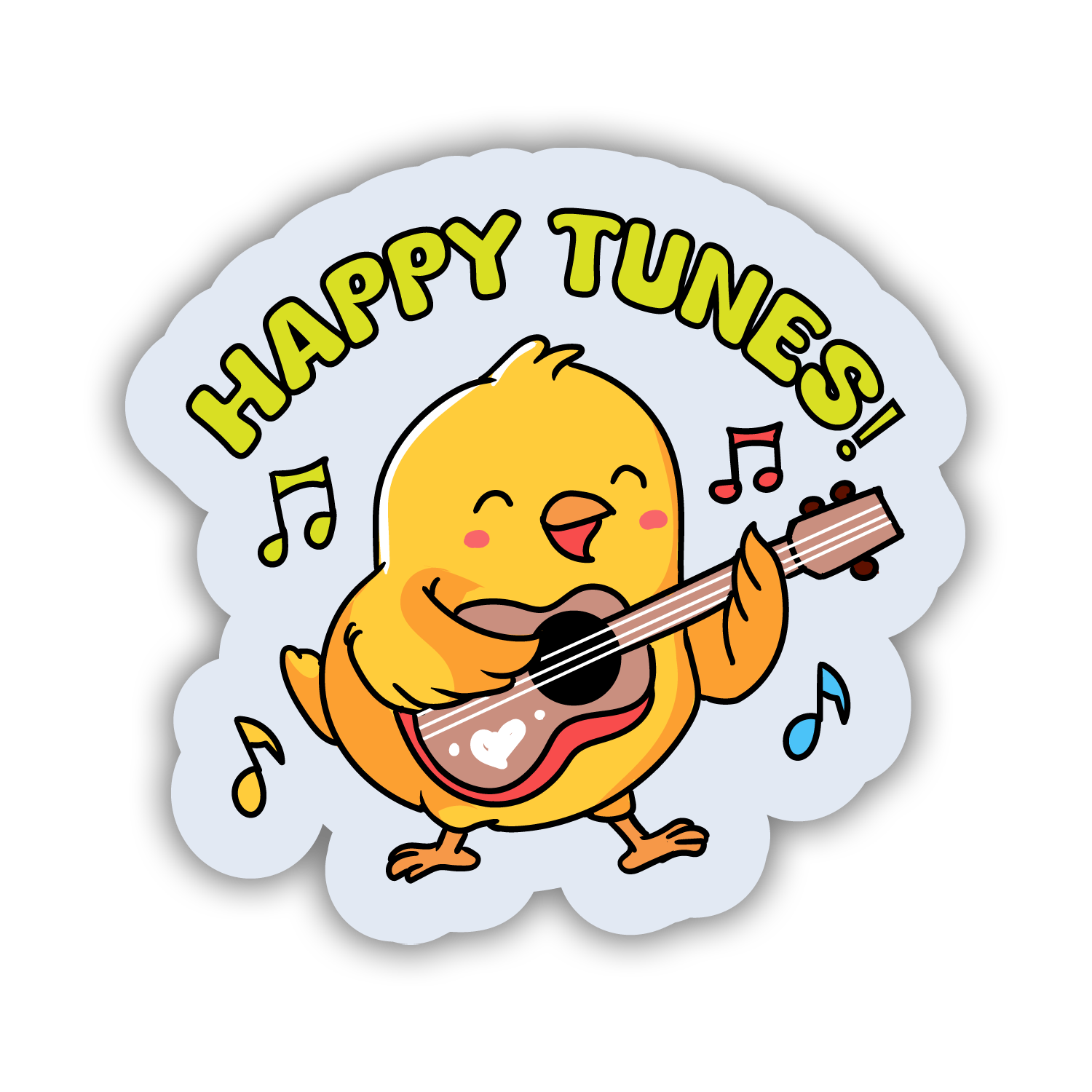 Sticker with a cartoon chick playing a guitar and 'Happy Tunes!' text on a white background