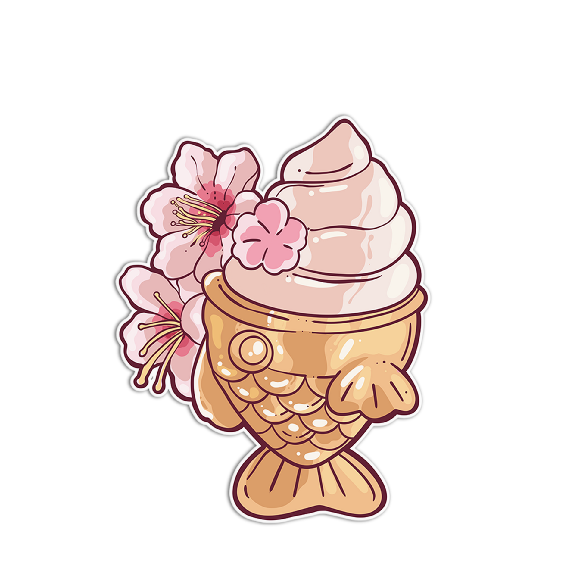 Illustration of a fish-shaped ice cream cone with pink flowers on a white background
