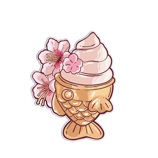 Illustration of a fish-shaped ice cream cone with pink flowers on a white background