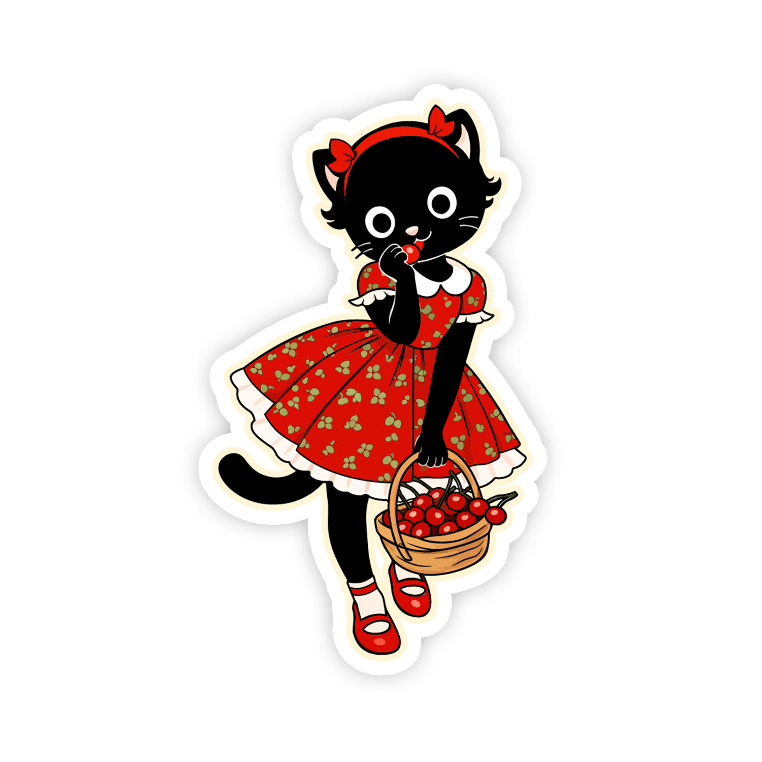 Sticker of a black cat in a red dress holding a basket of cherries on a white background