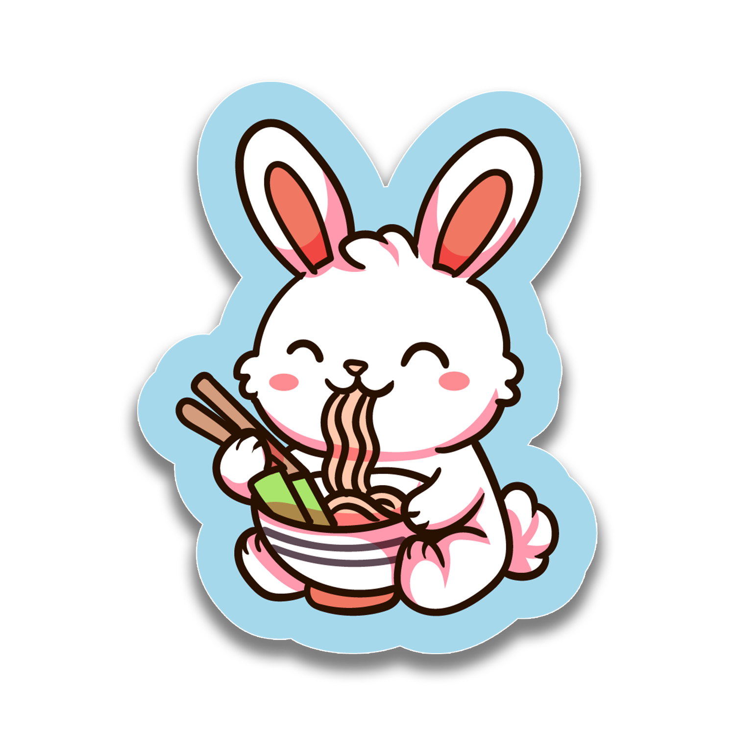 Sticker of a cartoon rabbit eating ramen with chopsticks on a light blue background