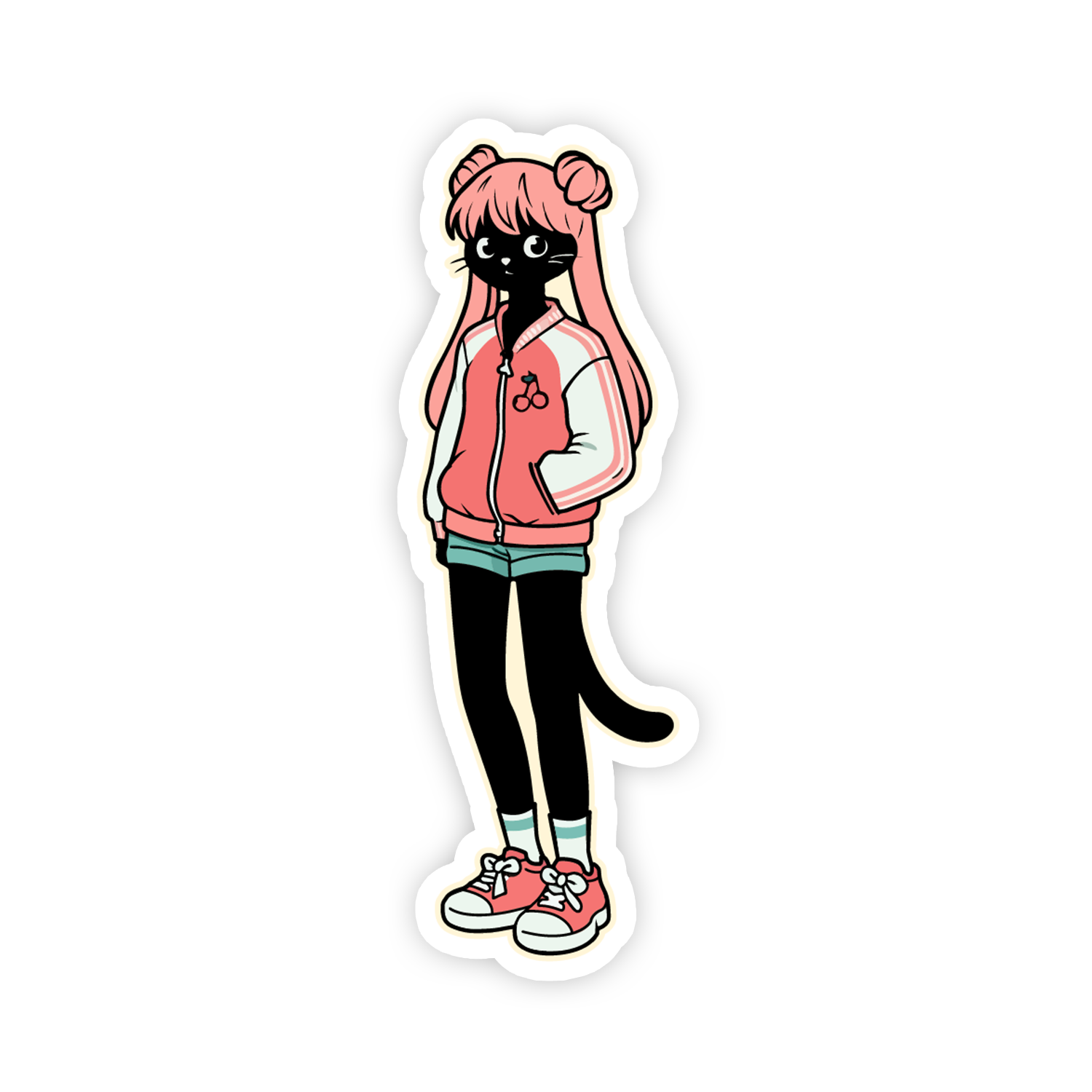 Cartoon character with pink hair and a pink jacket on a white background