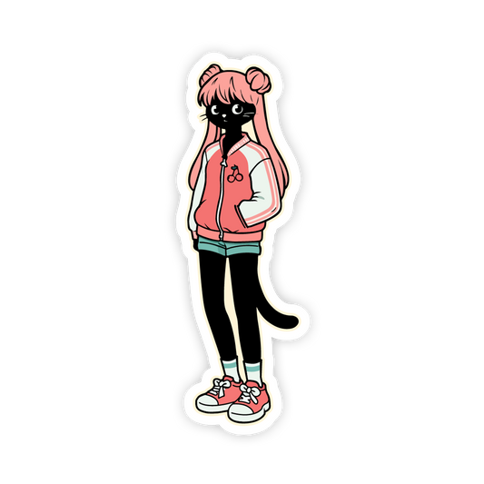 Cartoon character with pink hair and a pink jacket on a white background