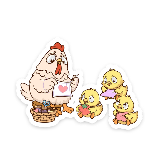 Hen and Chicks Sewing Together - Sewing Animals Sticker