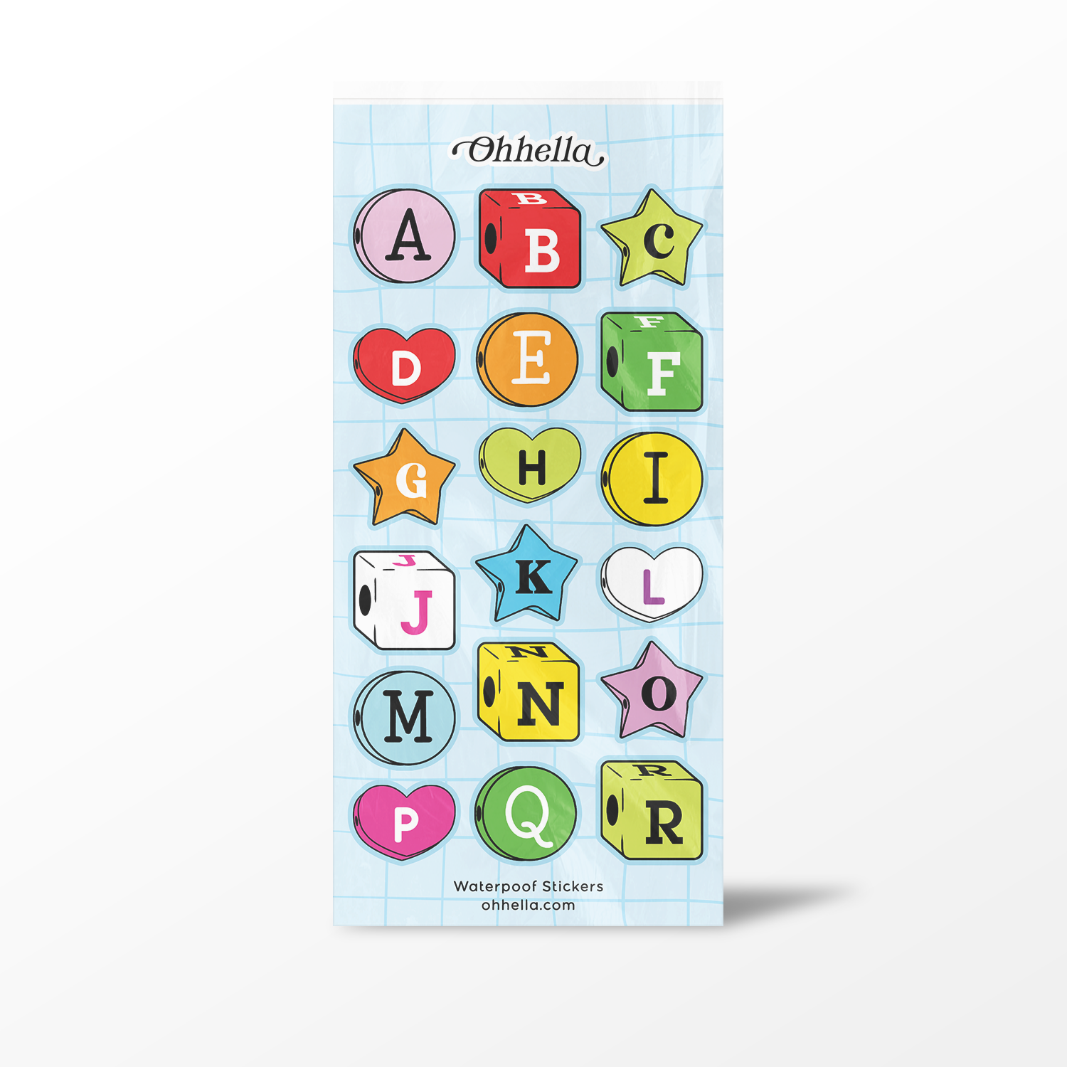 Pack of colorful alphabet stickers with 'Ohhela' branding on a light blue background