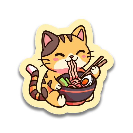 Cartoon cat eating ramen with chopsticks on a beige background