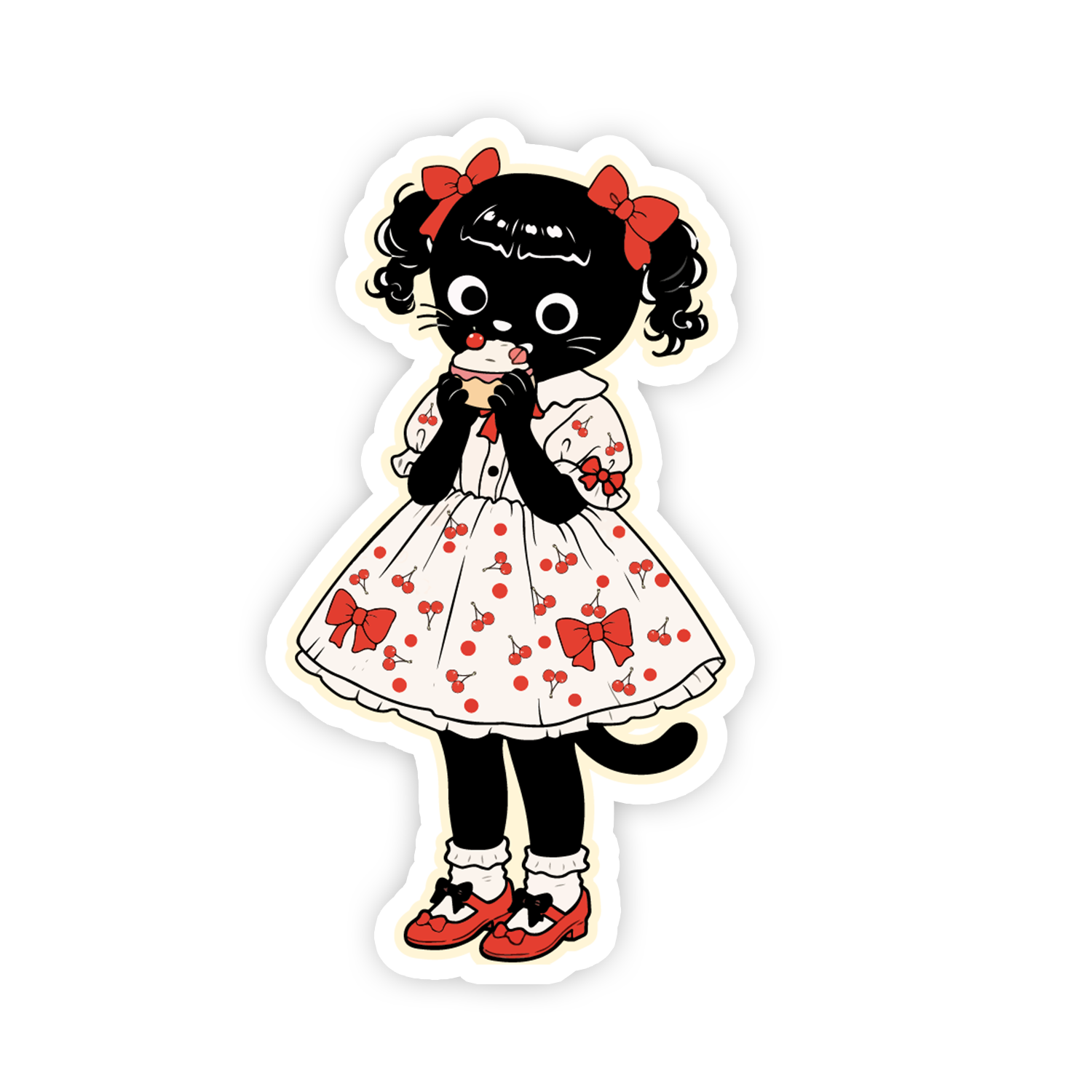 Sticker of a cartoon character with black hair, red bows, and a white dress with red polka dots on a white background.