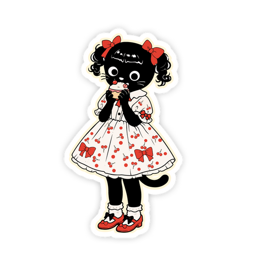 Sticker of a cartoon character with black hair, red bows, and a white dress with red polka dots on a white background.