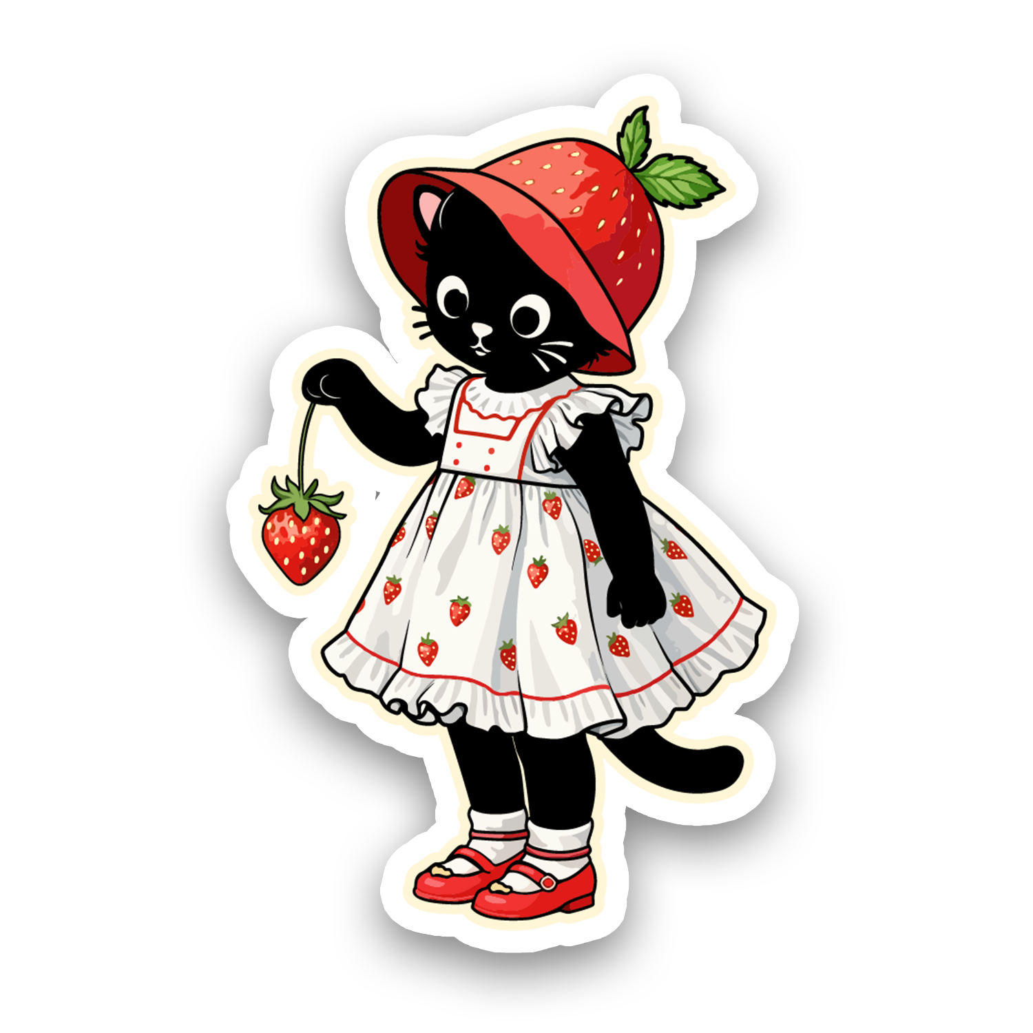 Sticker of a black cat in a strawberry-themed outfit on a white background