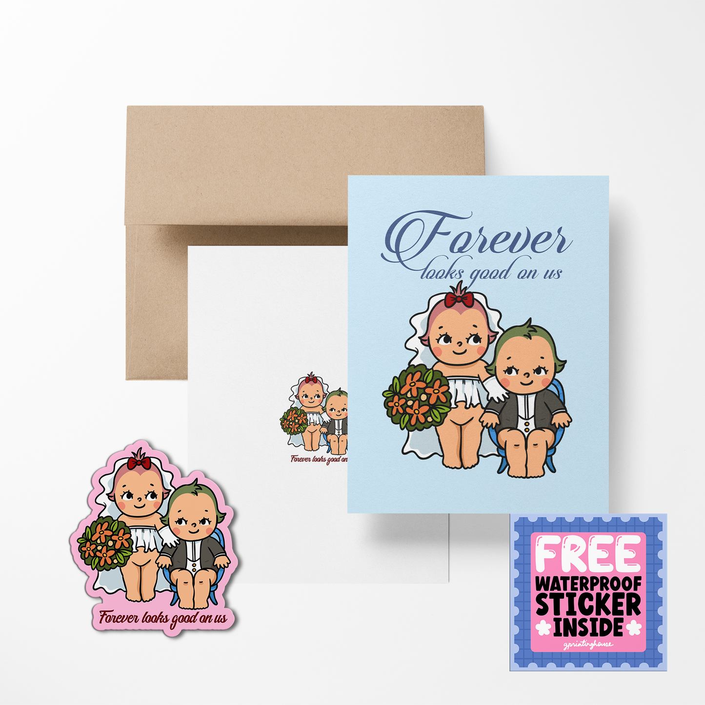 Set of greeting cards with cartoon babies and a free sticker, featuring text 'Forever looks good on us'.