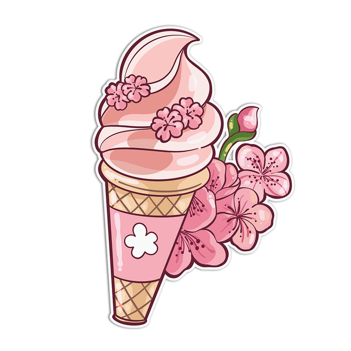 Cartoon ice cream cone with pink flowers on a white background