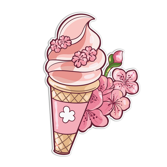 Cartoon ice cream cone with pink flowers on a white background