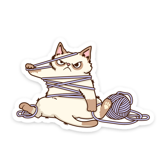 Grumpy Cat Tangled in Yarn - Sewing Animals Sticker