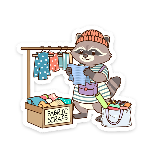 Raccoon Sorting Fabric Scraps - Sewing Animals Sticker