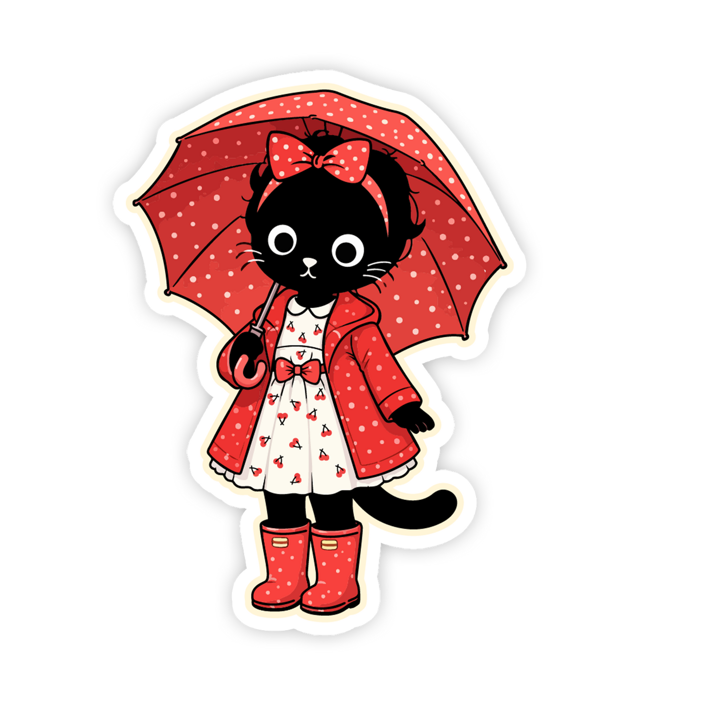 Sticker of a cat character in a red coat and boots holding a red umbrella on a white background