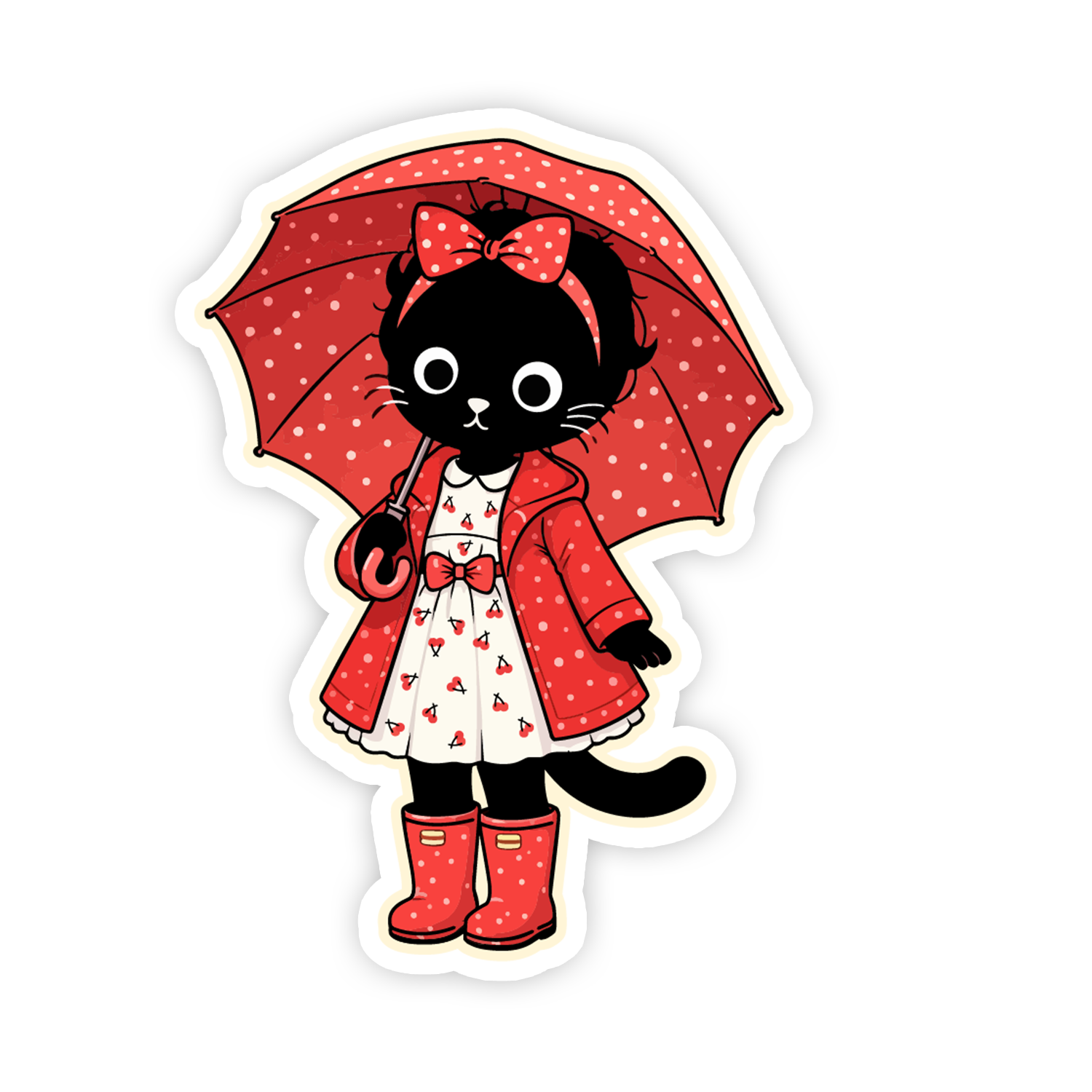 Sticker of a cat character in a red coat and boots holding a red umbrella on a white background