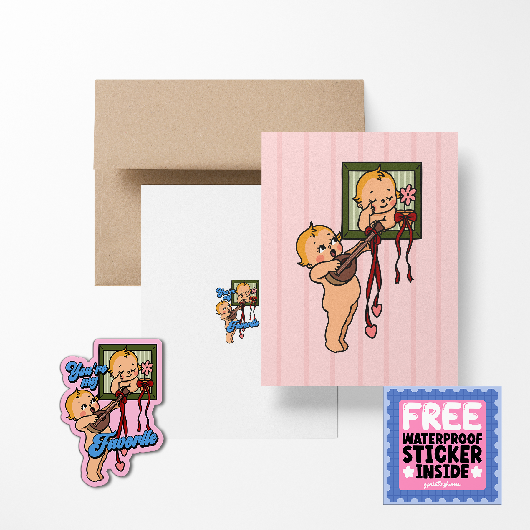 Set of greeting cards with vintage-style illustrations and a free waterproof sticker on a white background.