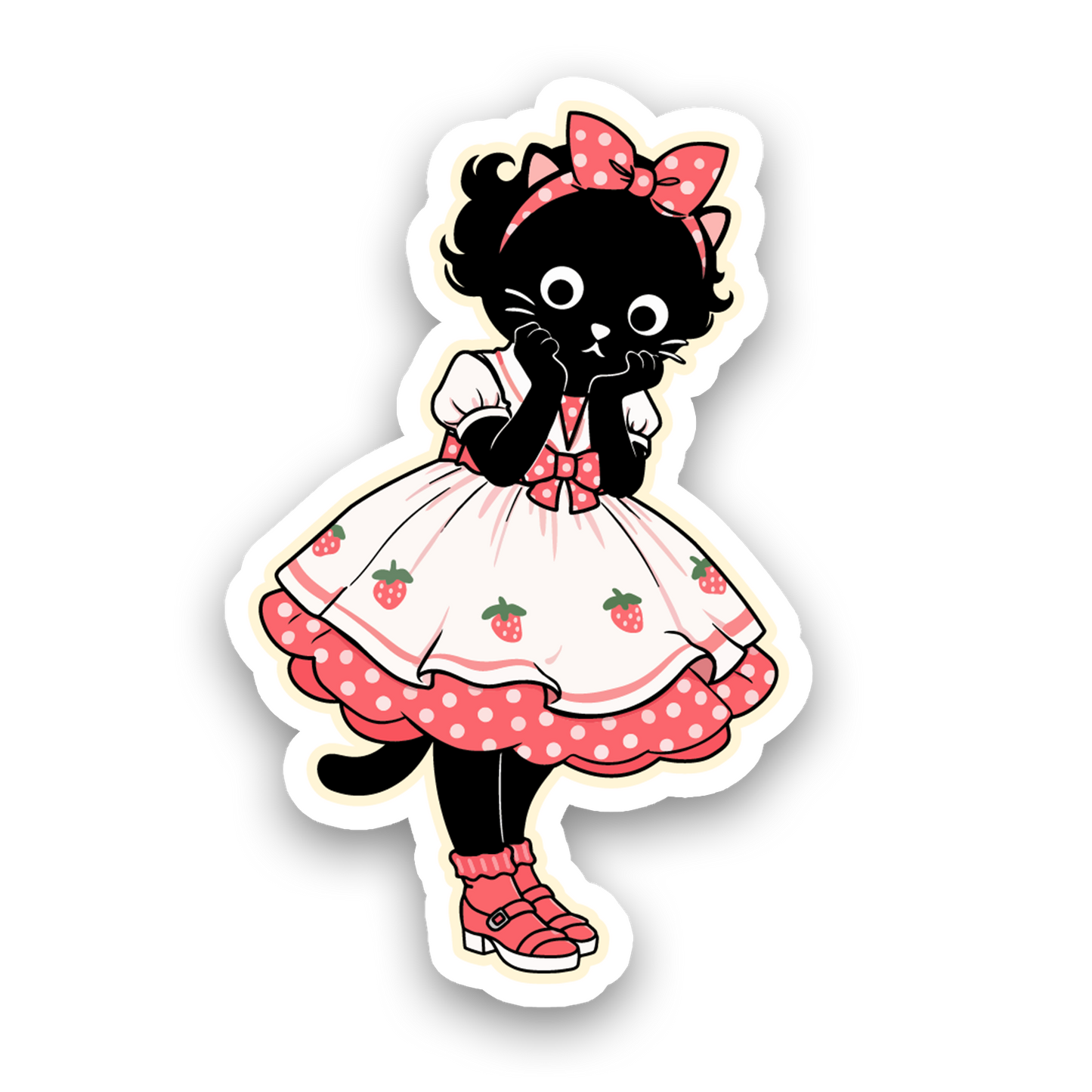 Sticker of a black cat in a strawberry dress with a pink bow on a white background