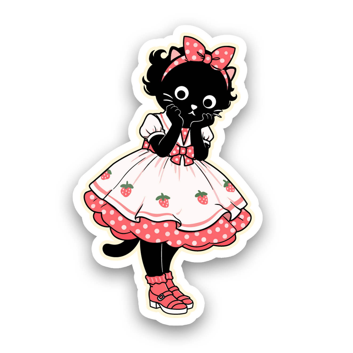 Sticker of a black cat in a strawberry dress with a pink bow on a white background