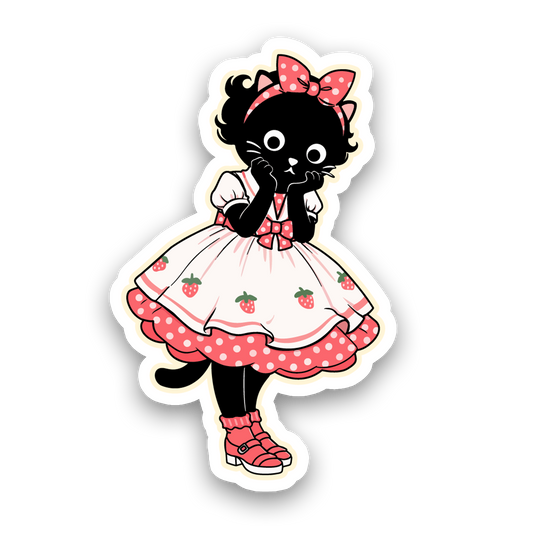 Sticker of a black cat in a strawberry dress with a pink bow on a white background