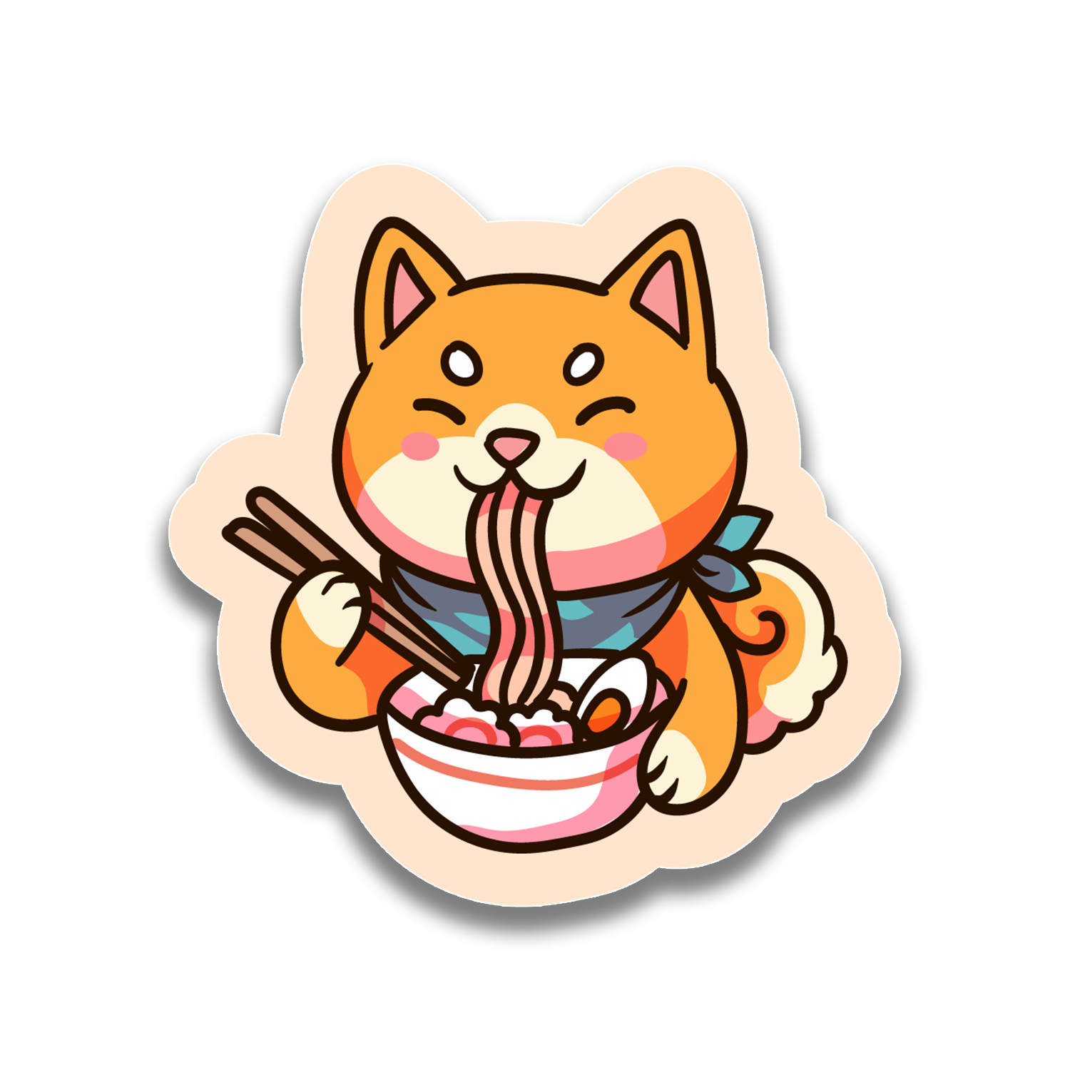 Cartoon dog eating noodles with chopsticks on a white background