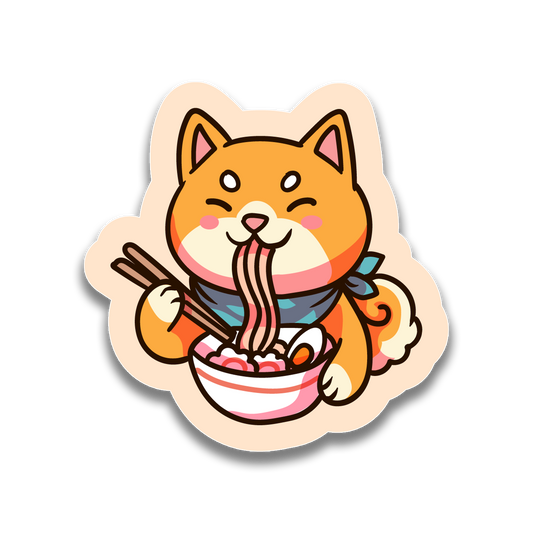 Cartoon dog eating noodles with chopsticks on a white background