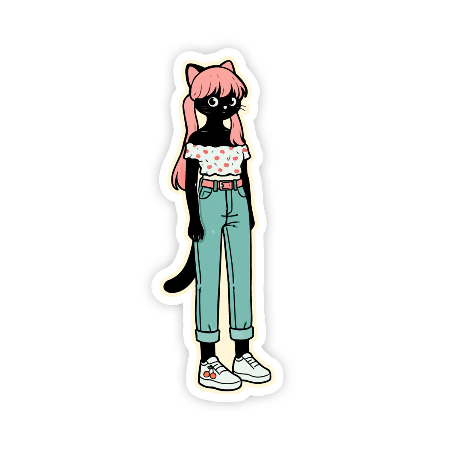 Cartoon character with pink hair, black cat-like body, and human clothing on a white background