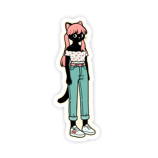 Cartoon character with pink hair, black cat-like body, and human clothing on a white background