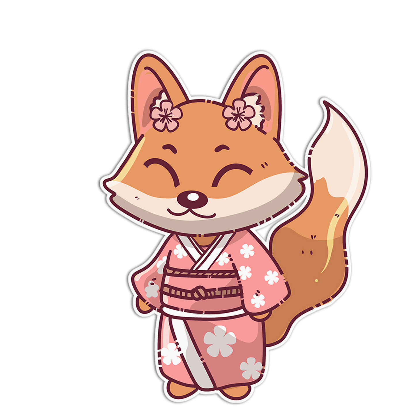 Cartoon fox character in a pink kimono with cherry blossom design on a white background