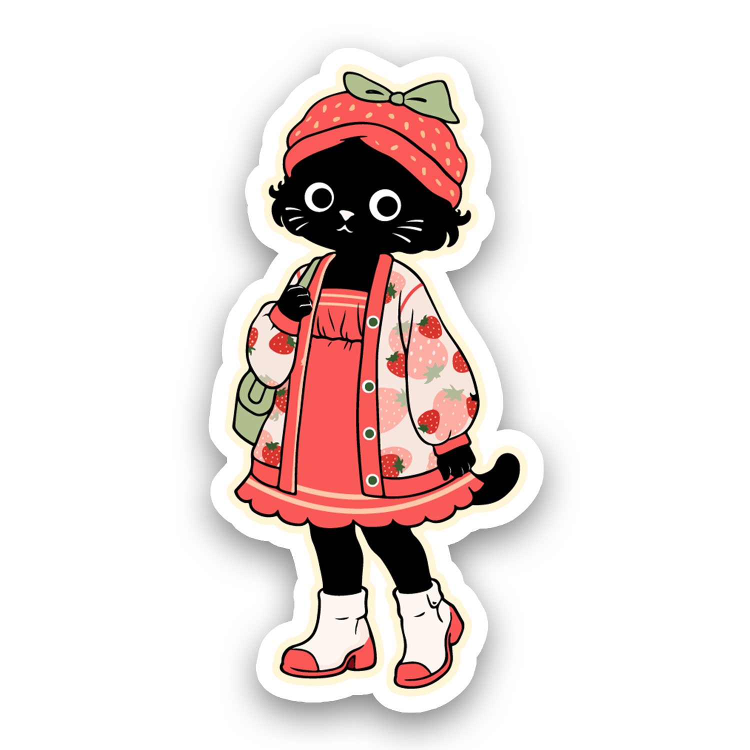Sticker of a black cat character wearing a red outfit with a strawberry pattern on a white background