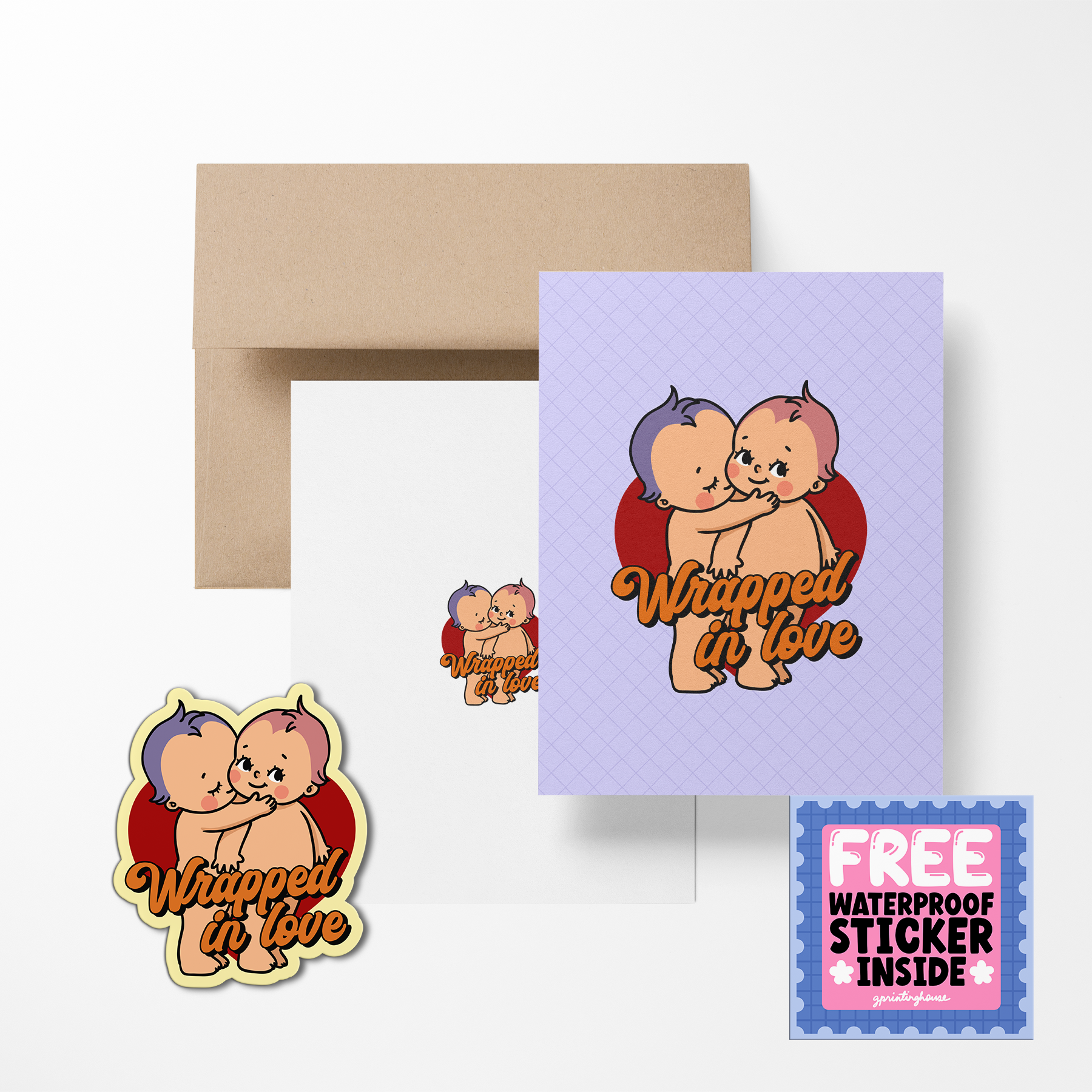 Greeting card with cartoon characters and a free waterproof sticker on a white background