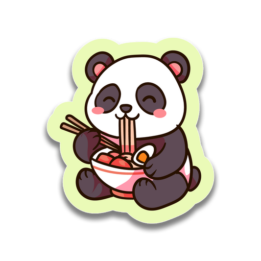 Sticker of a cute panda eating ramen with a green border on a white background