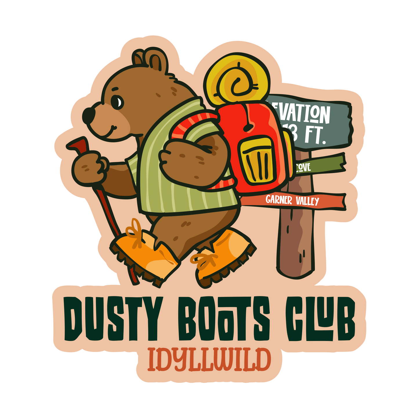 Sticker with a bear character and 'Dusty Boots Club Idyllwild' text on a white background
