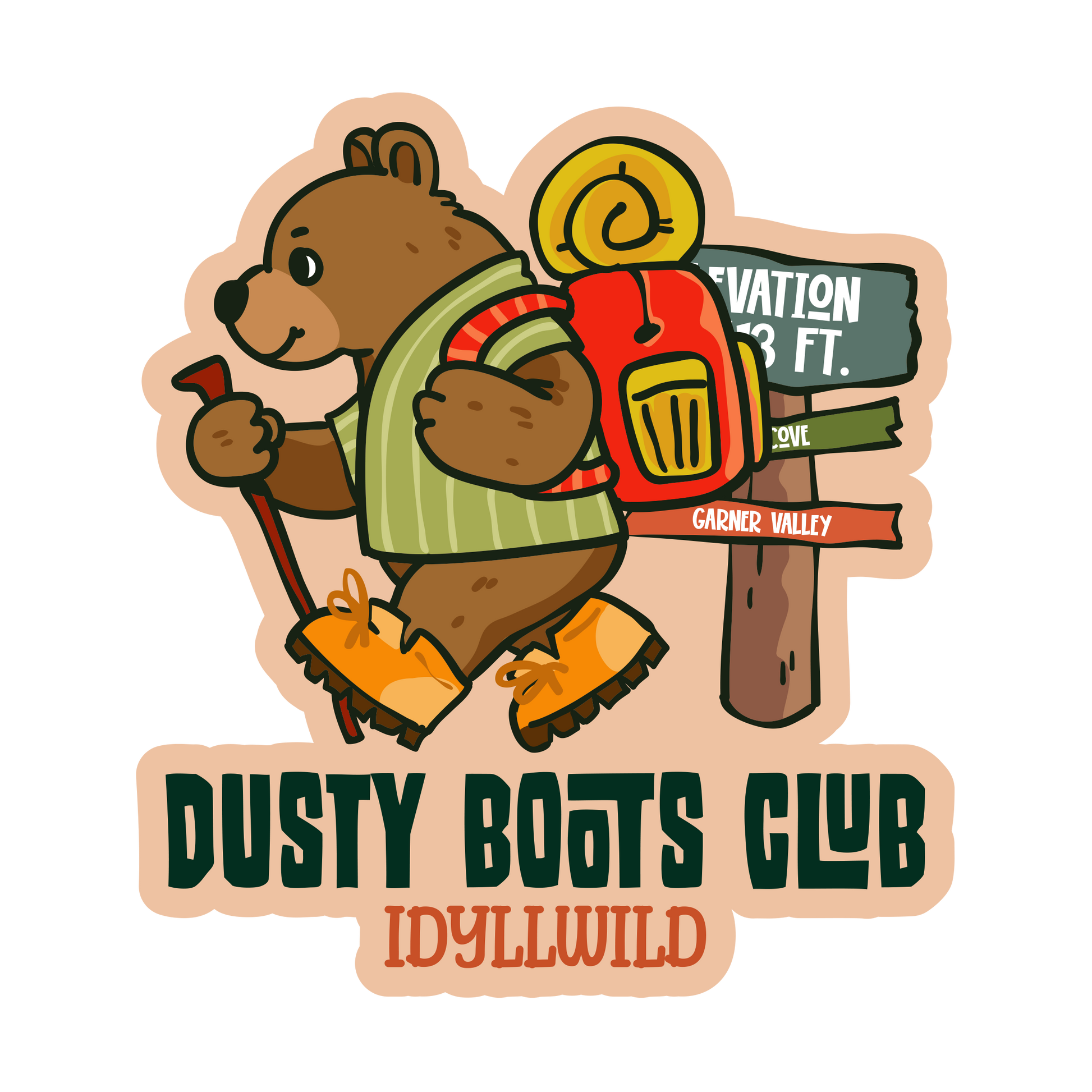 Sticker with a bear character and 'Dusty Boots Club Idyllwild' text on a white background