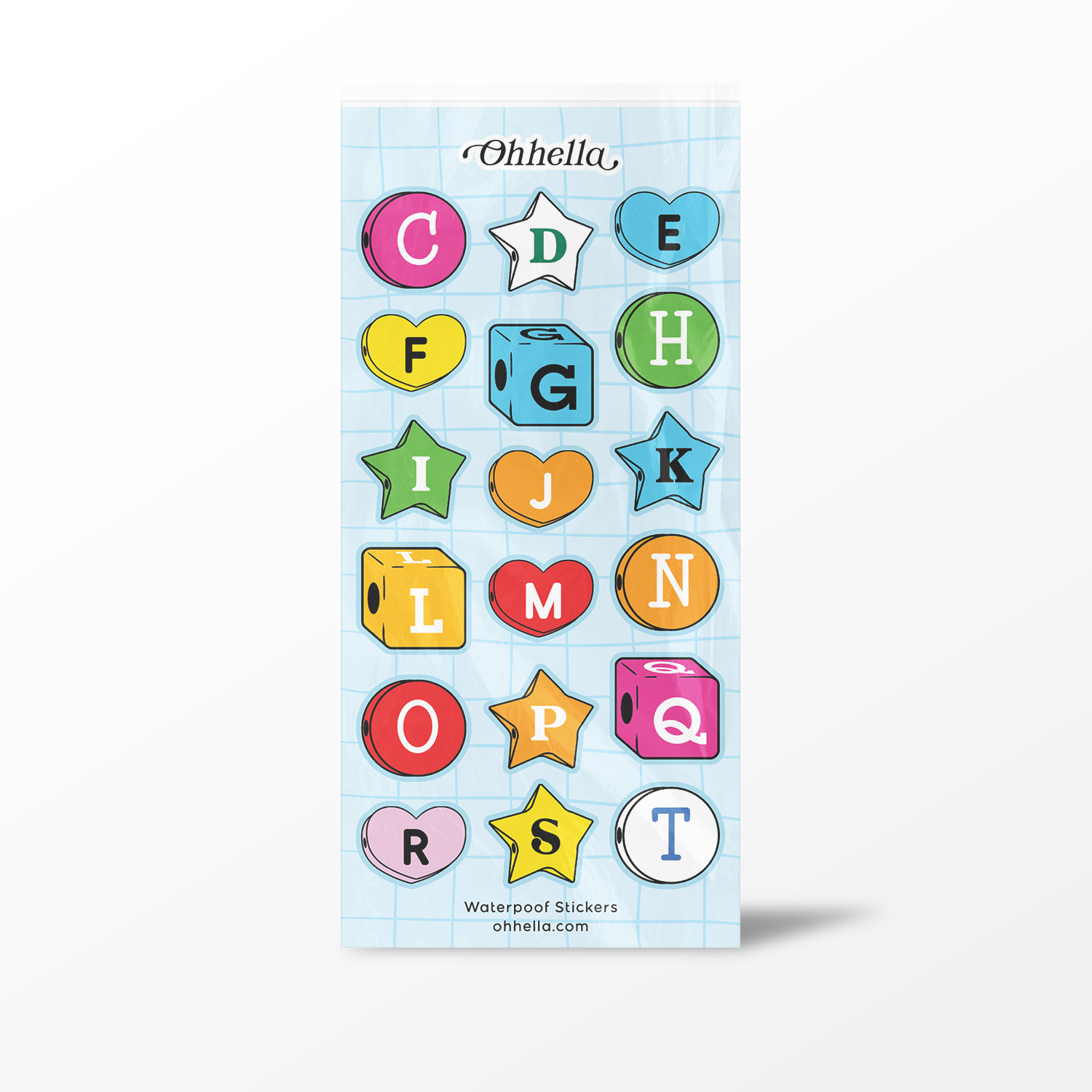 Pack of colorful alphabet stickers with Ohhela branding on a light blue grid background