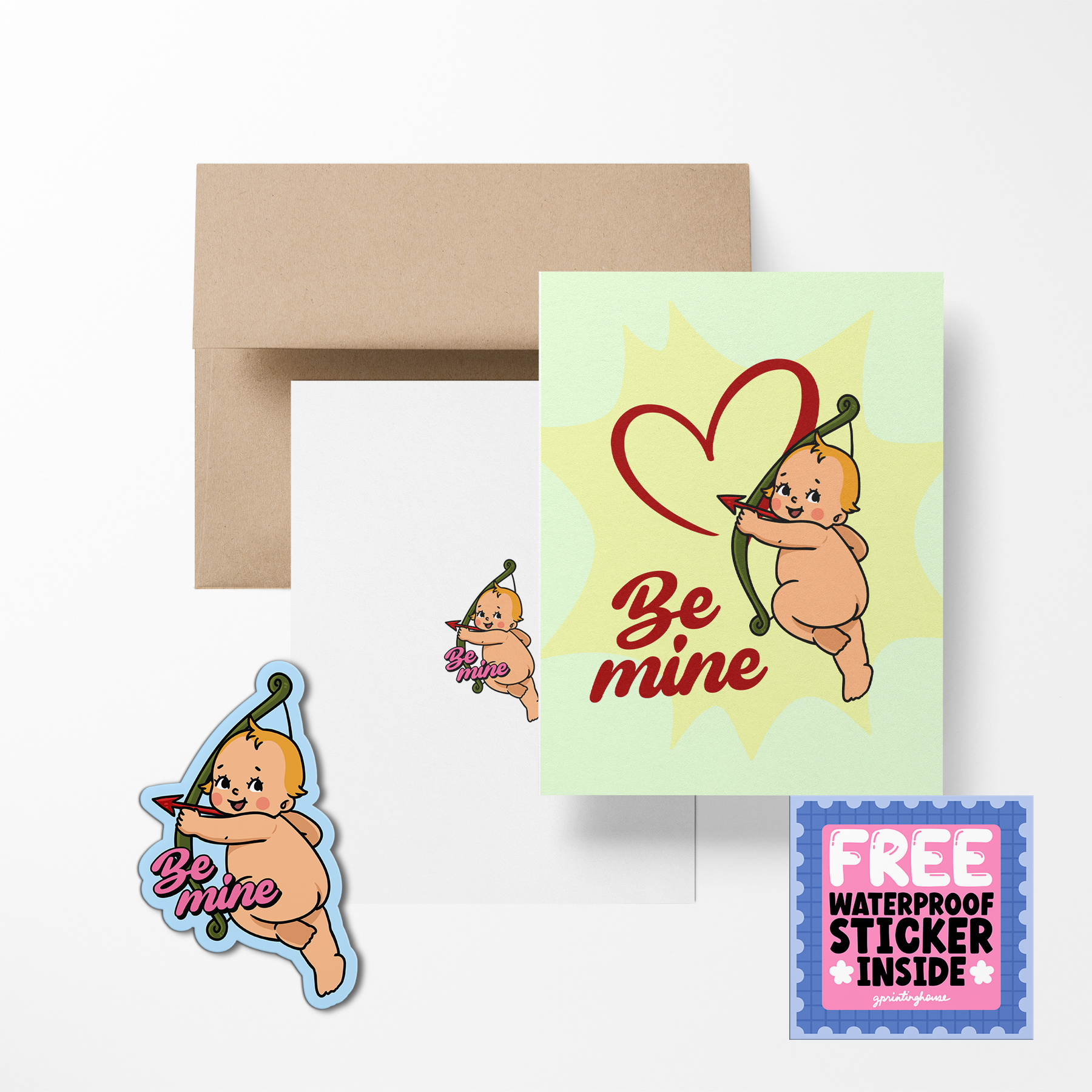 Valentine's Day card with 'Be mine' text, a free waterproof sticker, and a brown envelope on a white background.