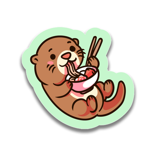 Cartoon otter eating a bowl of ramen with chopsticks on a light green background