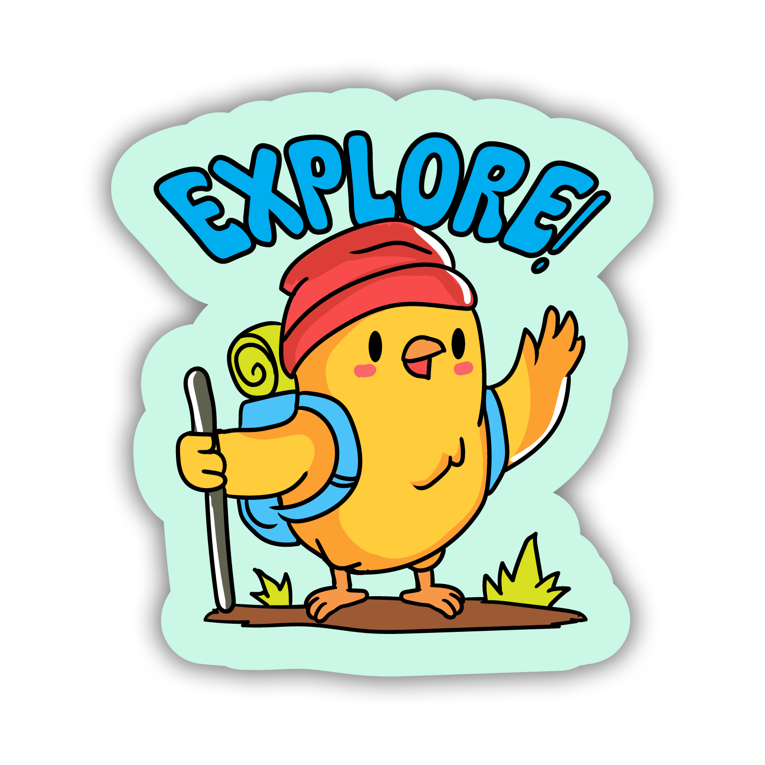 Cartoon character with a red beanie and backpack holding a hiking pole, with 'EXPLORE!' text above on a light blue background.