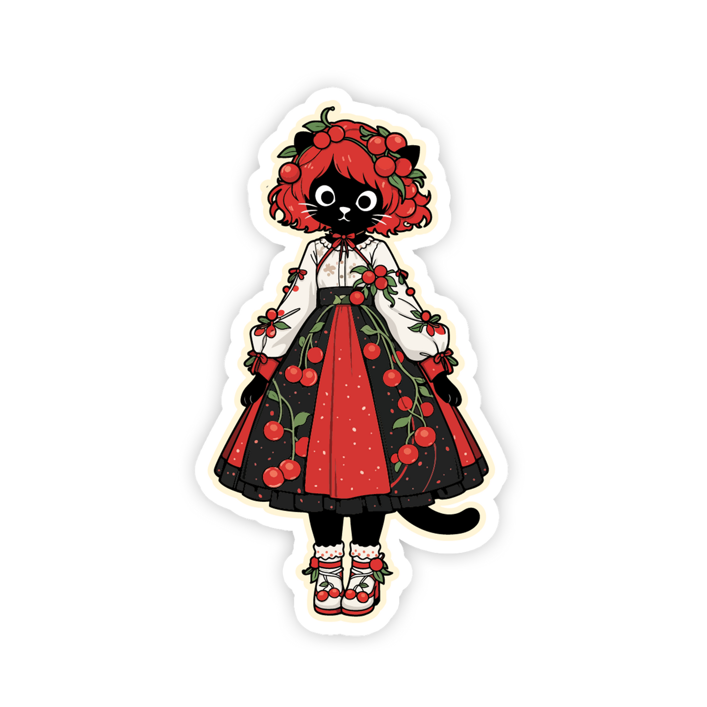 Sticker of a cat character in a red and black dress with cherry decorations on a white background