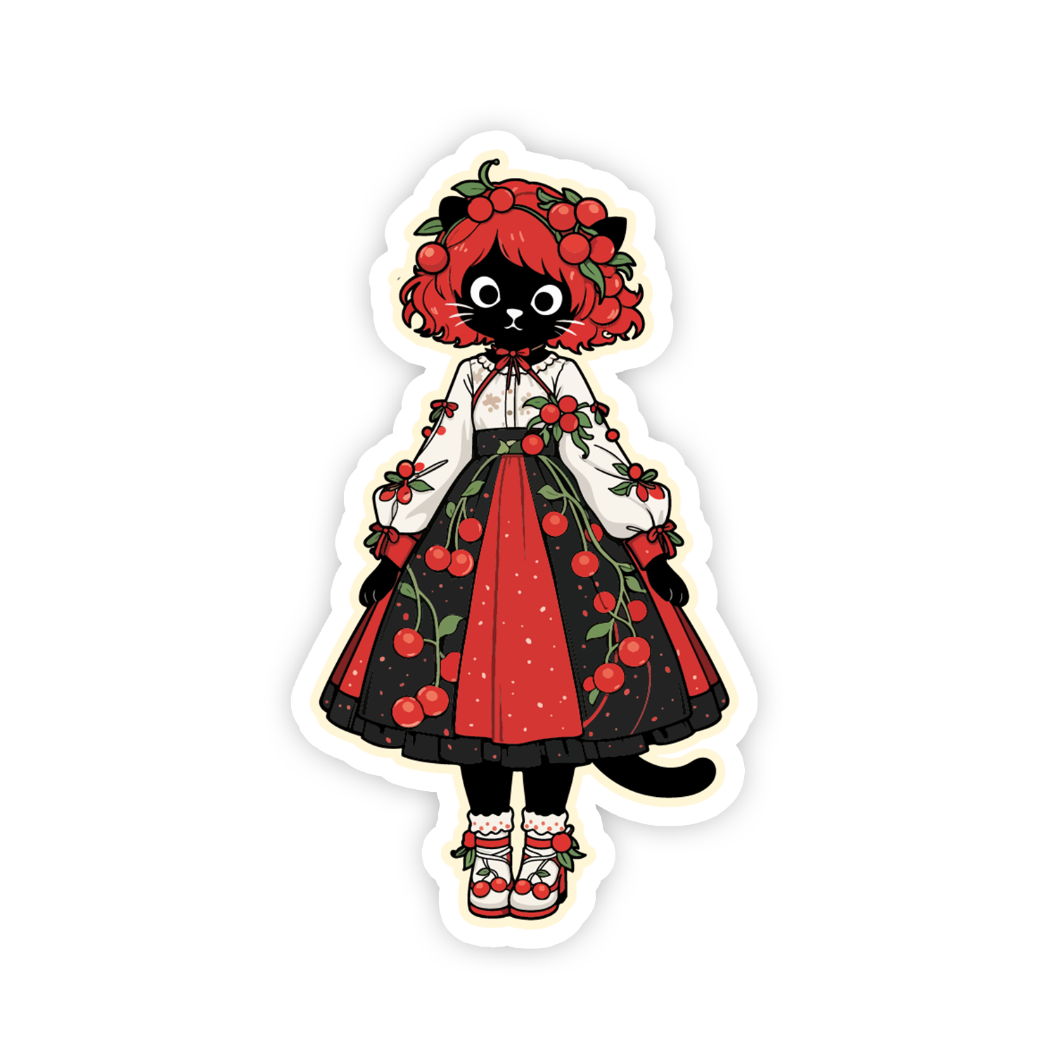 Sticker of a cat character in a red and black dress with cherry decorations on a white background