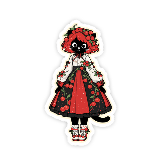 Sticker of a cat character in a red and black dress with cherry decorations on a white background