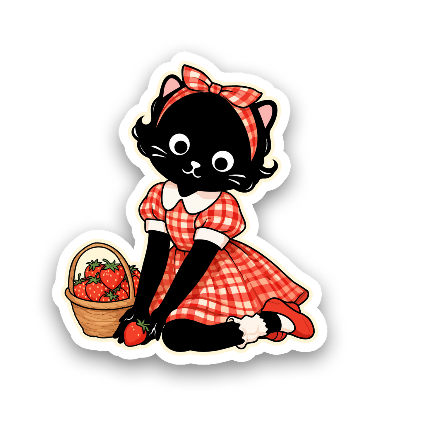 Sticker of a black cat in a red checkered dress with a basket of strawberries on a white background