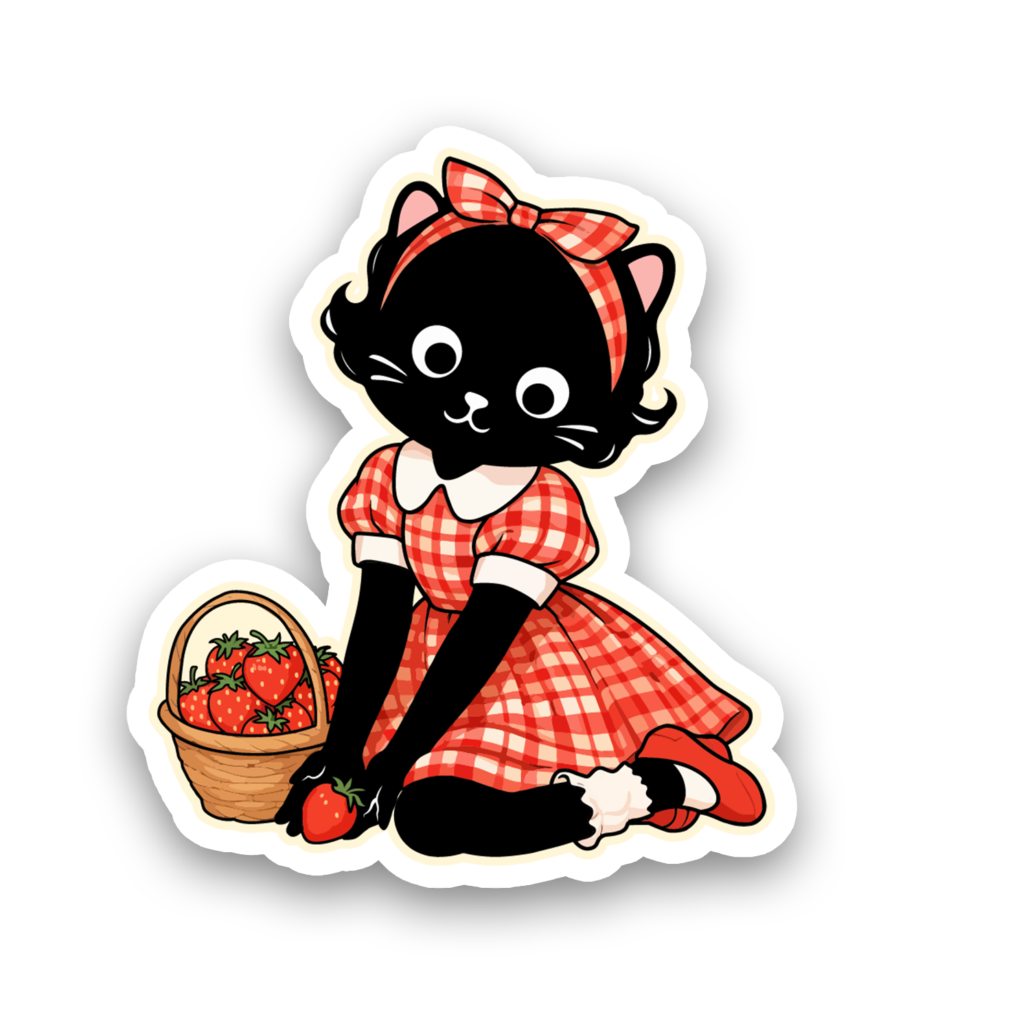 Sticker of a black cat in a red checkered dress with a basket of strawberries on a white background