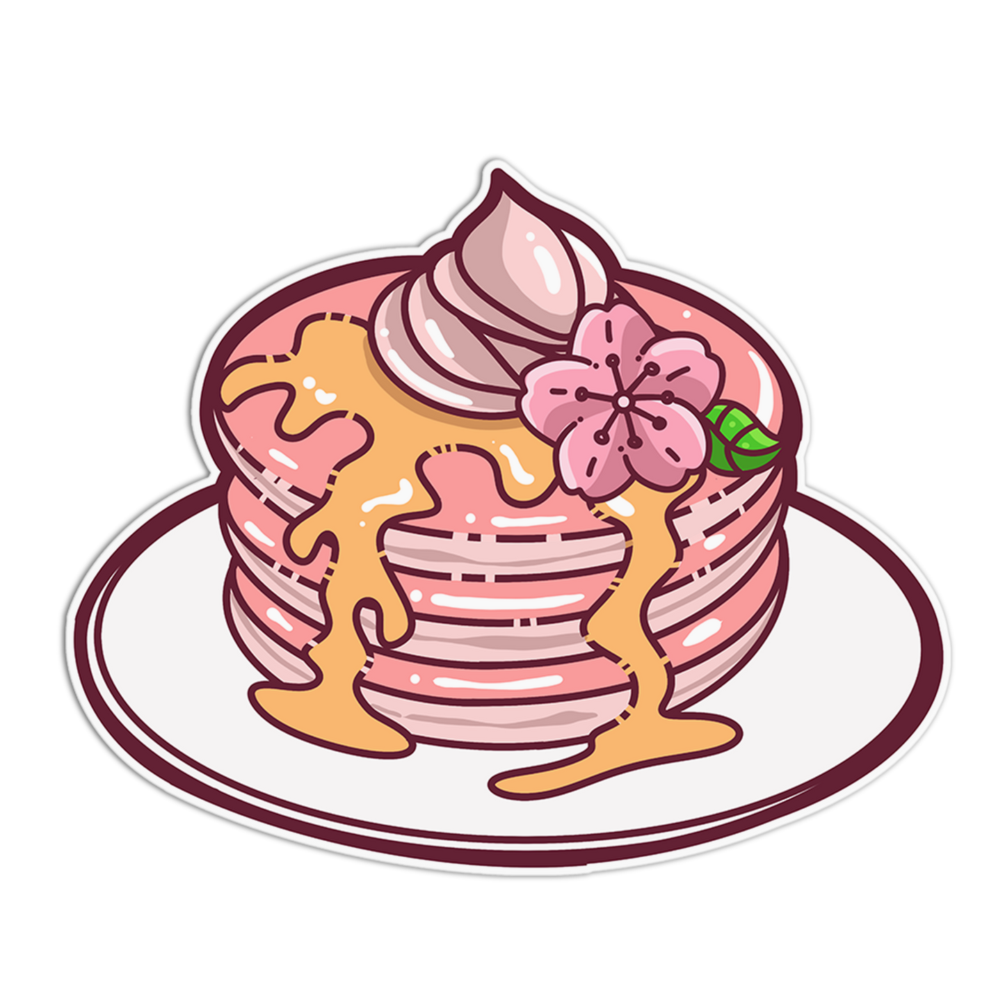 Cartoon illustration of a stack of pink pancakes with syrup and a flower on a white plate.