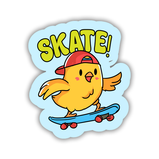 Cartoon chicken on a skateboard with 'SKATE!' text on a light blue background