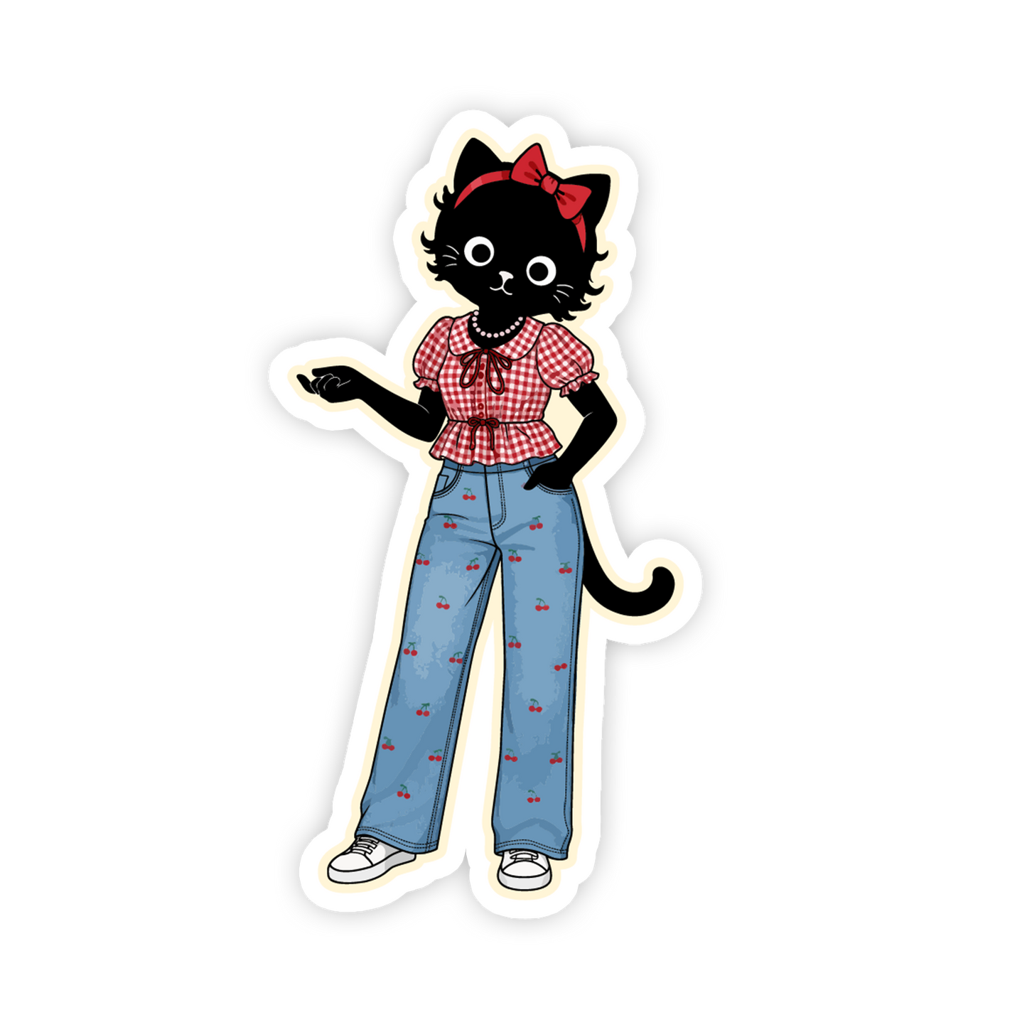 Sticker of a black cat wearing a red checkered shirt and blue pants on a white background